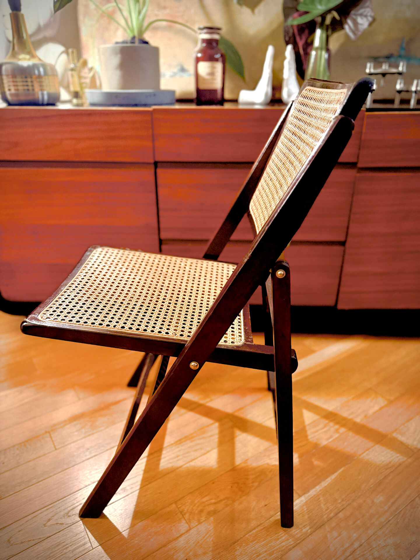 vintage wooden folding chairs with caning