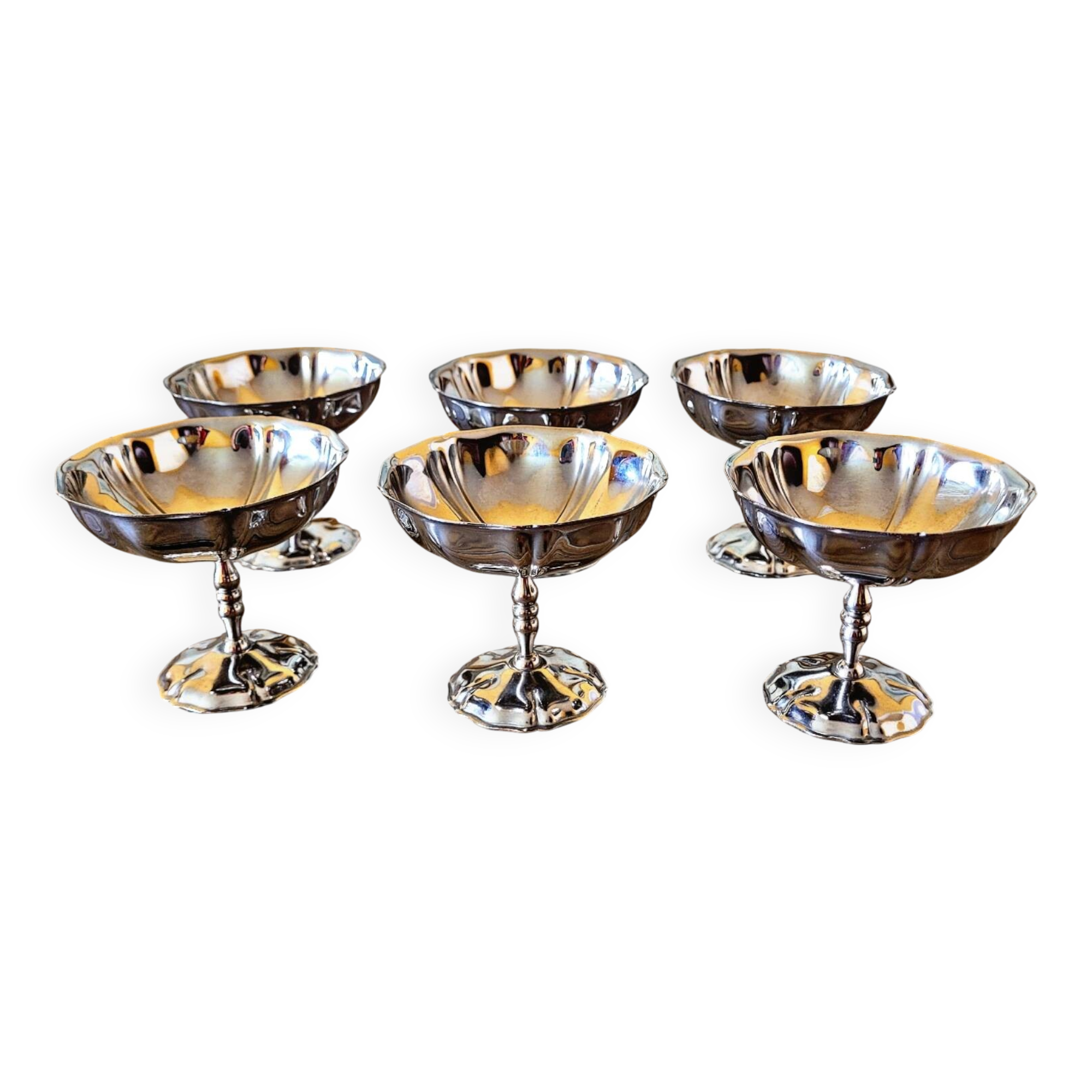 6 vintage stainless steel ice cream cups, flower shape