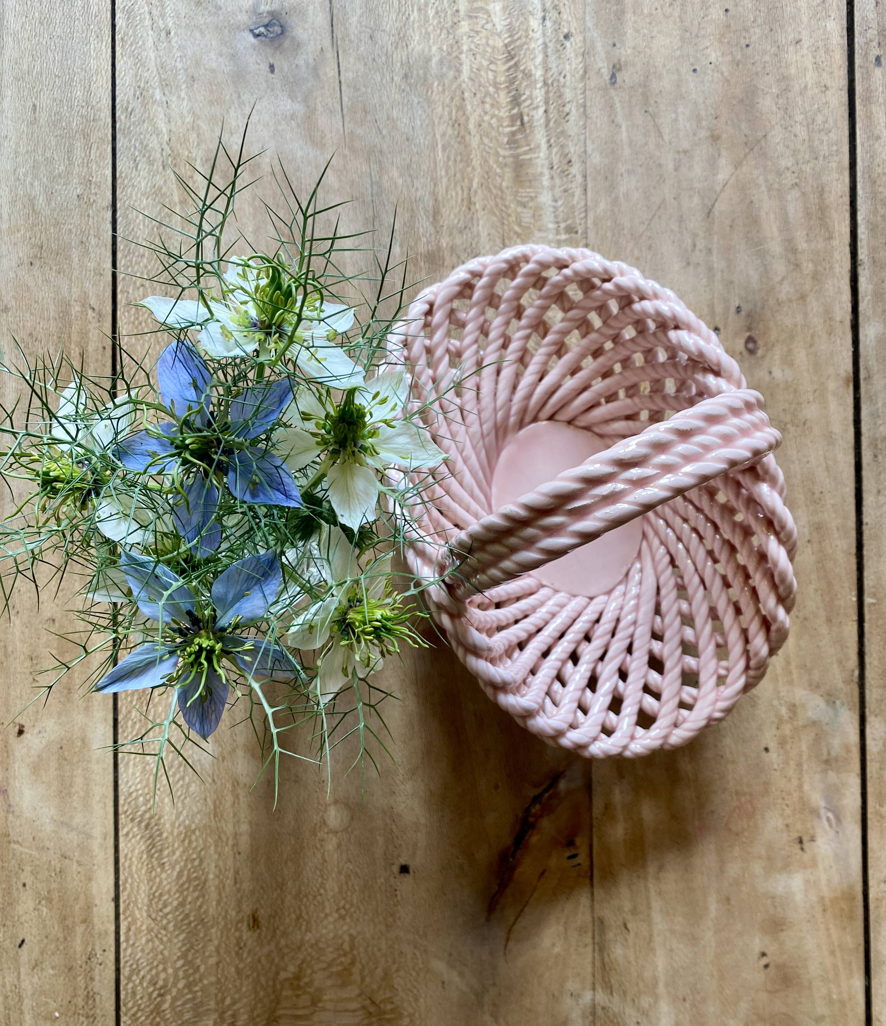 Vintage pink woven ceramic basket