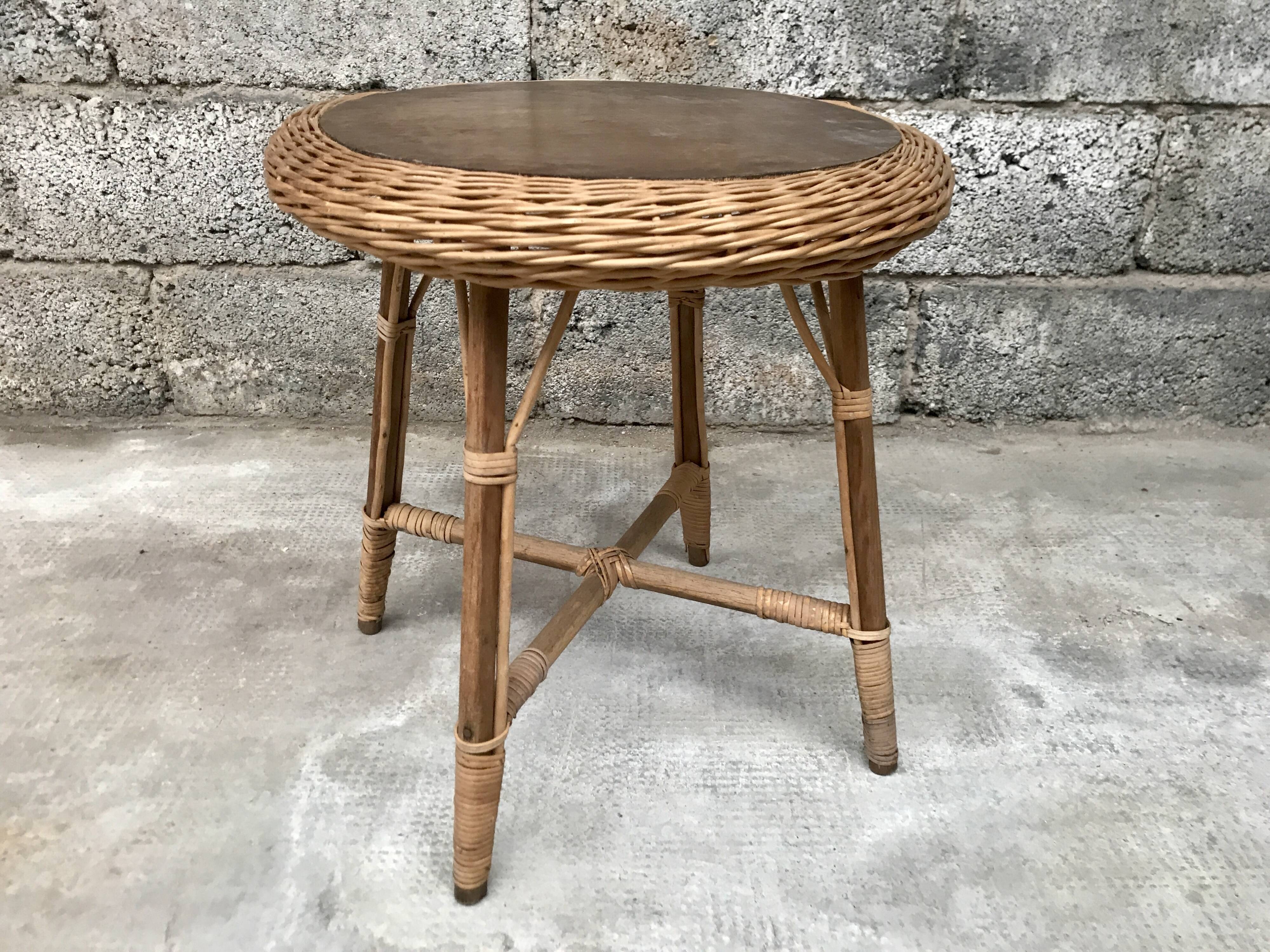 Vintage side table in bohemian old rattan wicker 1950