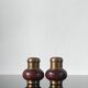 Vintage salt and pepper shaker duo in brass and turned wood.