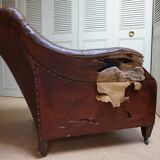 Worn Leather Buttoned Library Fireside Armchair, 1840's