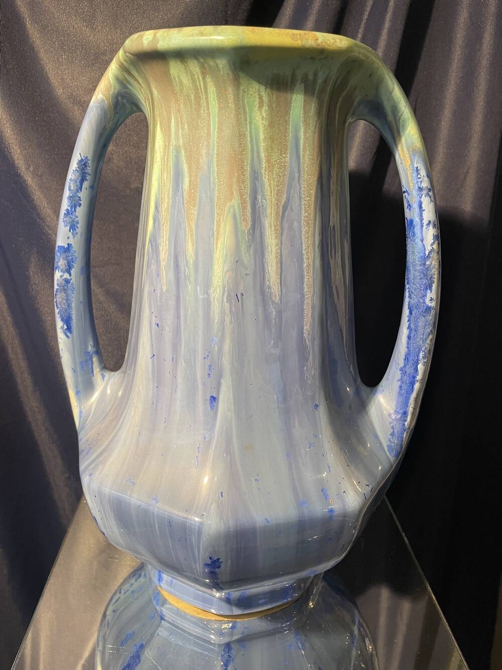 Grand vase forme amphore en gres de pierrefonds a couleur bleue et verte