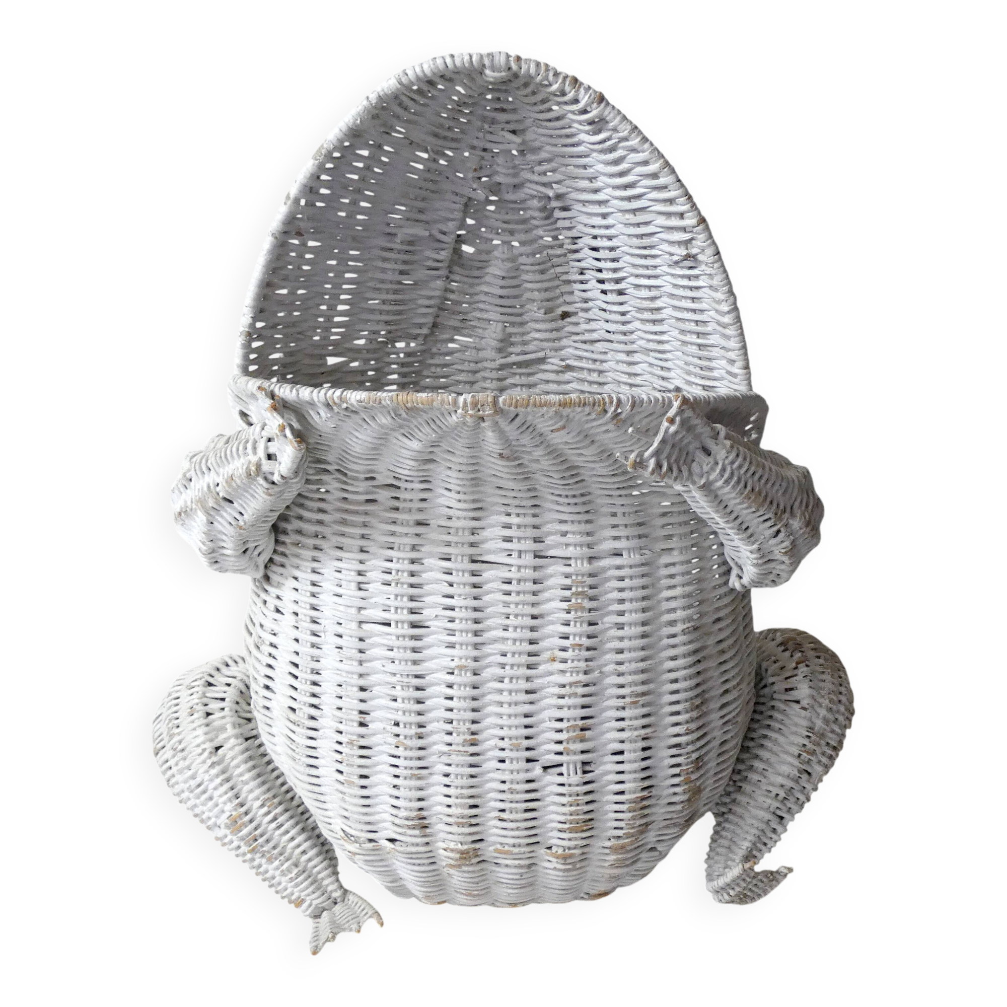 Corbeille à papier grenouille vintage en rotin blanc