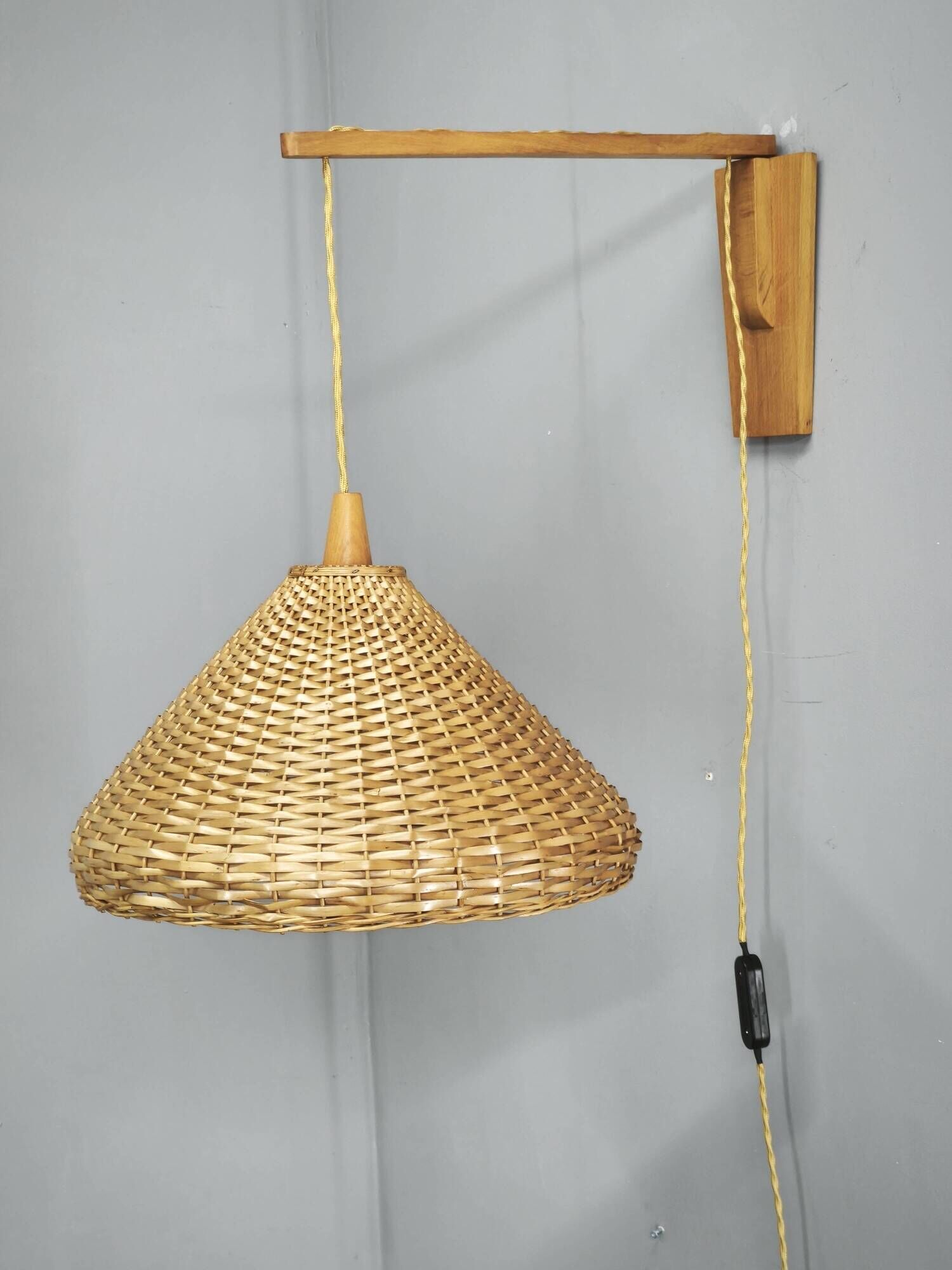 Czechoslovak Rattan and Wood Swing Arm Wall Lamp, 1960s