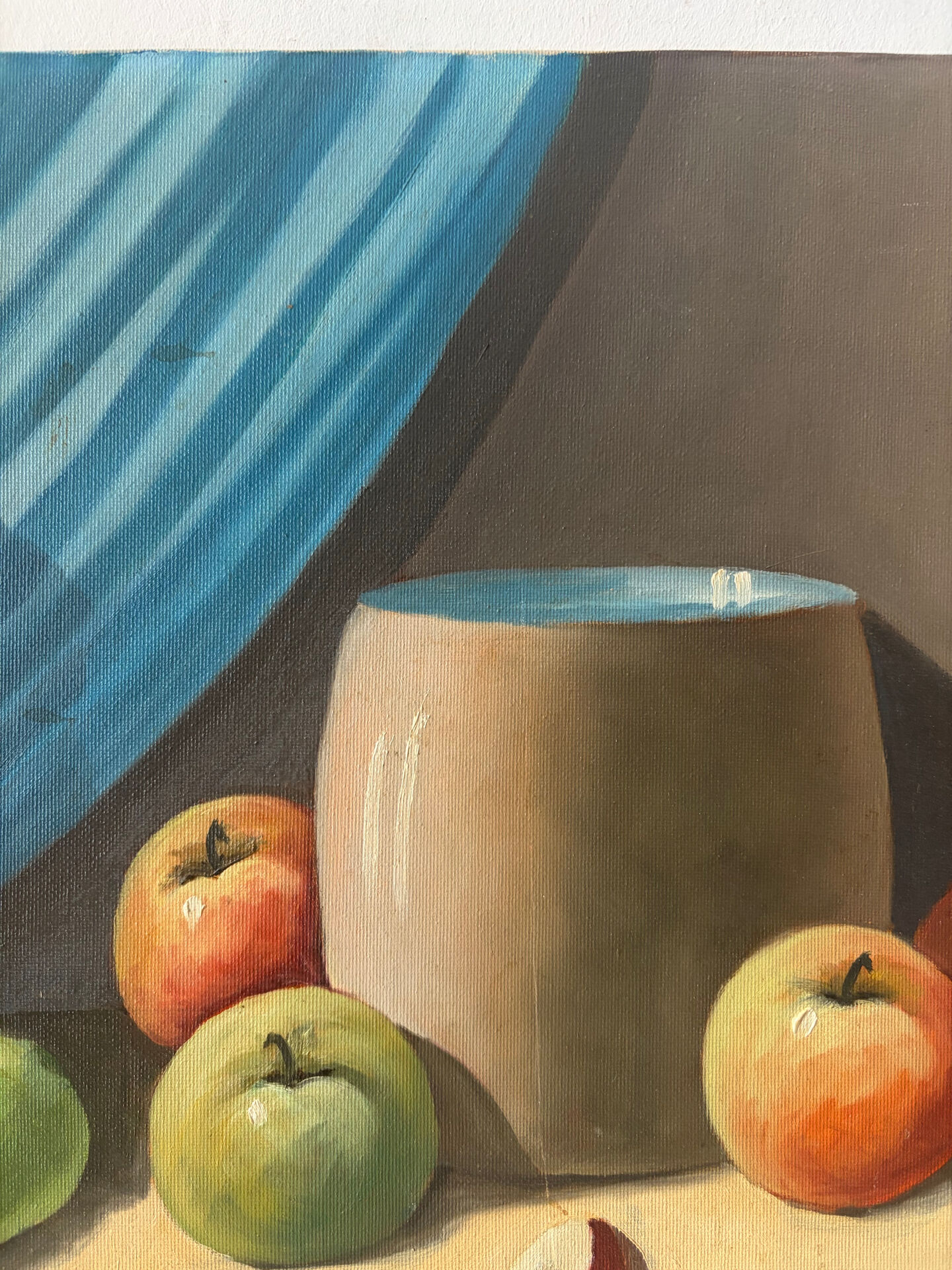 Still life with blue veil, oil on canvas signed