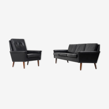 Mid Century Danish black Leather Sofa Set