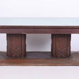 Restored Art Deco Dining Table, Oak, Copper Plating, Glass, Czech, 1930s