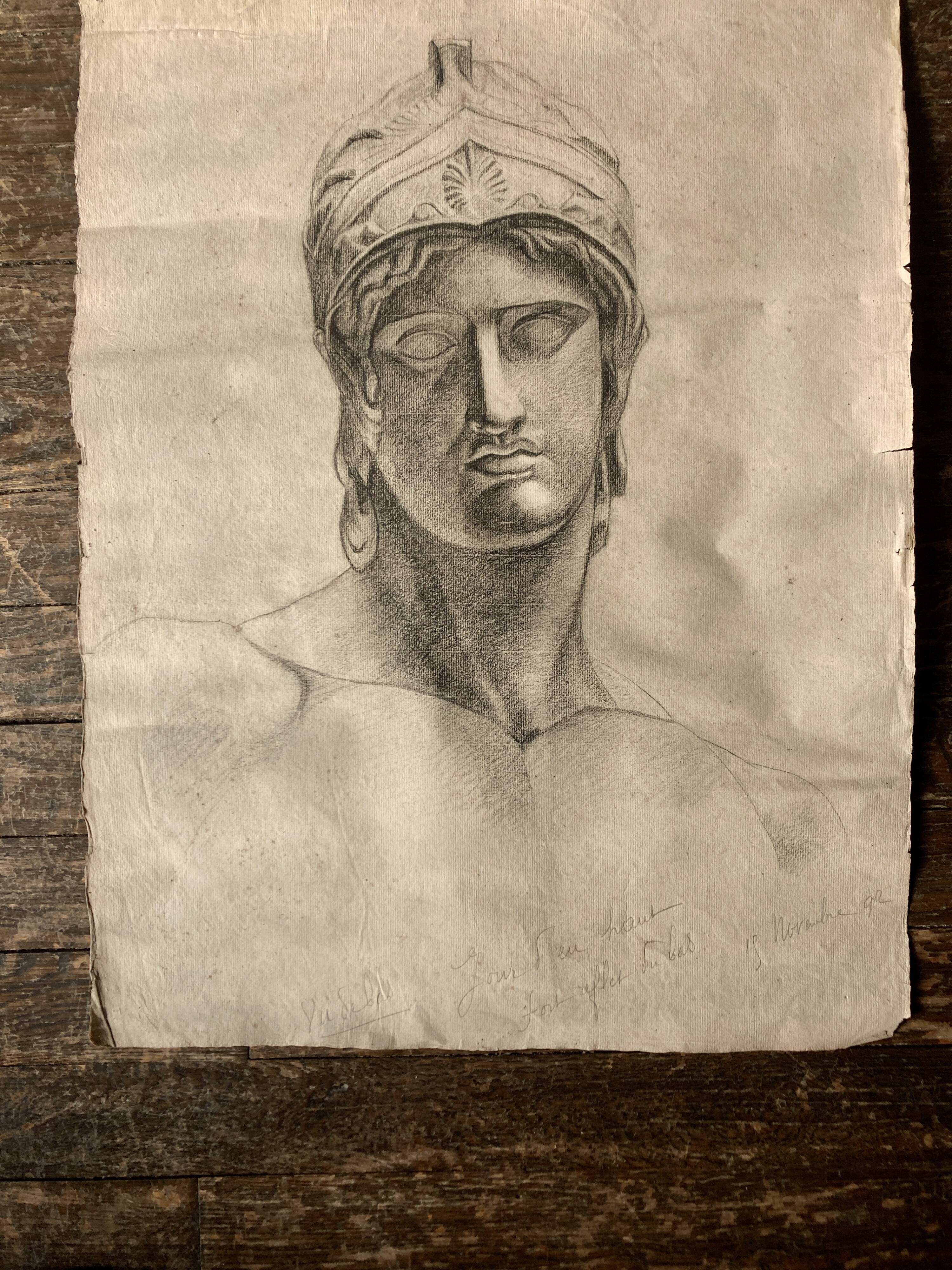 Neo-classical Greek head of the workshop of the god Ares in charcoal.