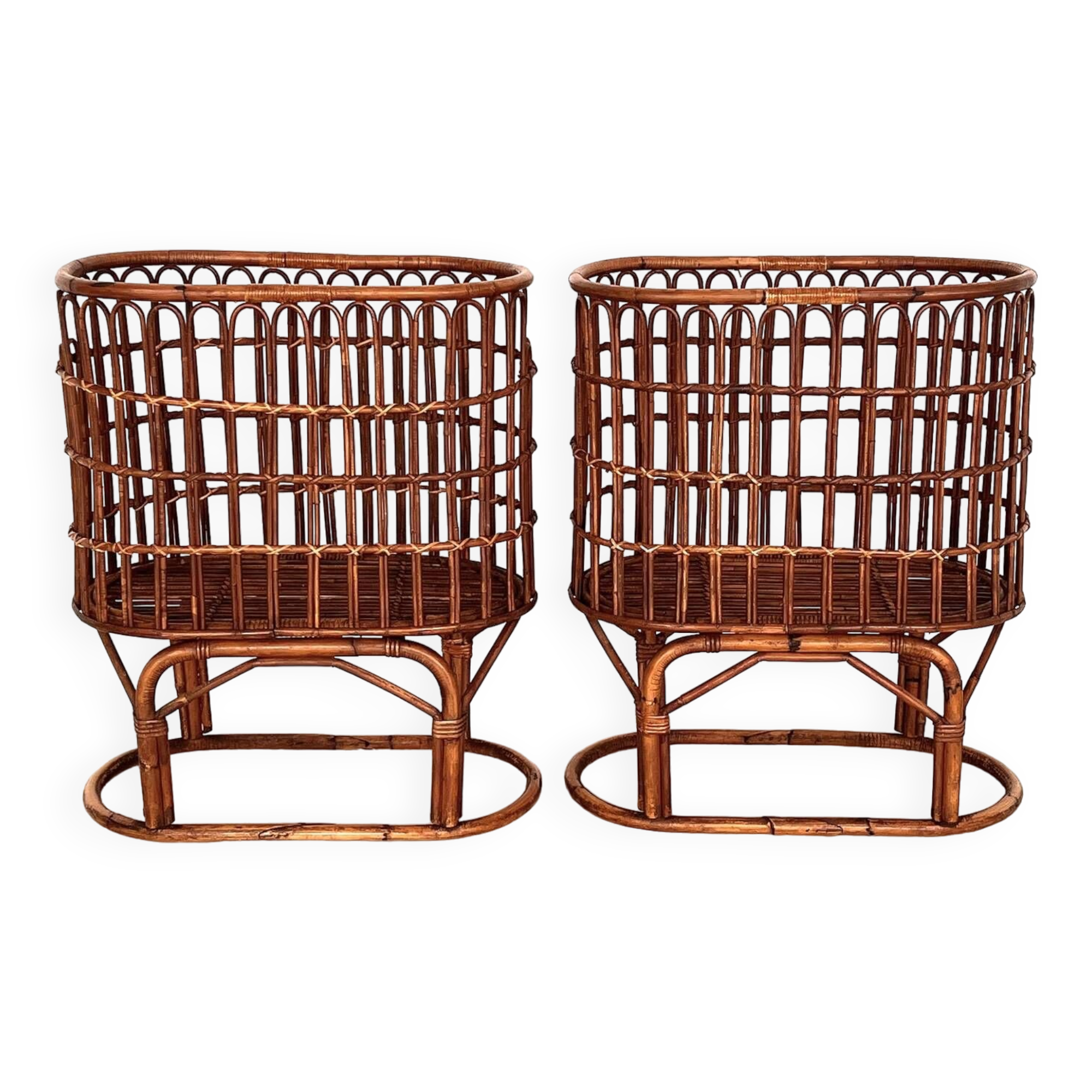 Pair French XXL Bamboo Baskets, 1970s