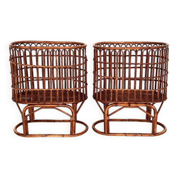 Pair French XXL Bamboo Baskets, 1970s
