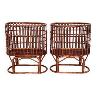 Pair French XXL Bamboo Baskets, 1970s