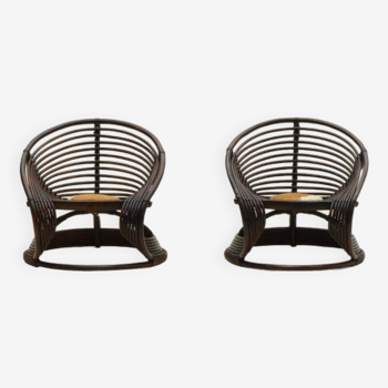 Ensemble de 2 chaises longues en rotin fabriquées à la main, Italie années 1960.