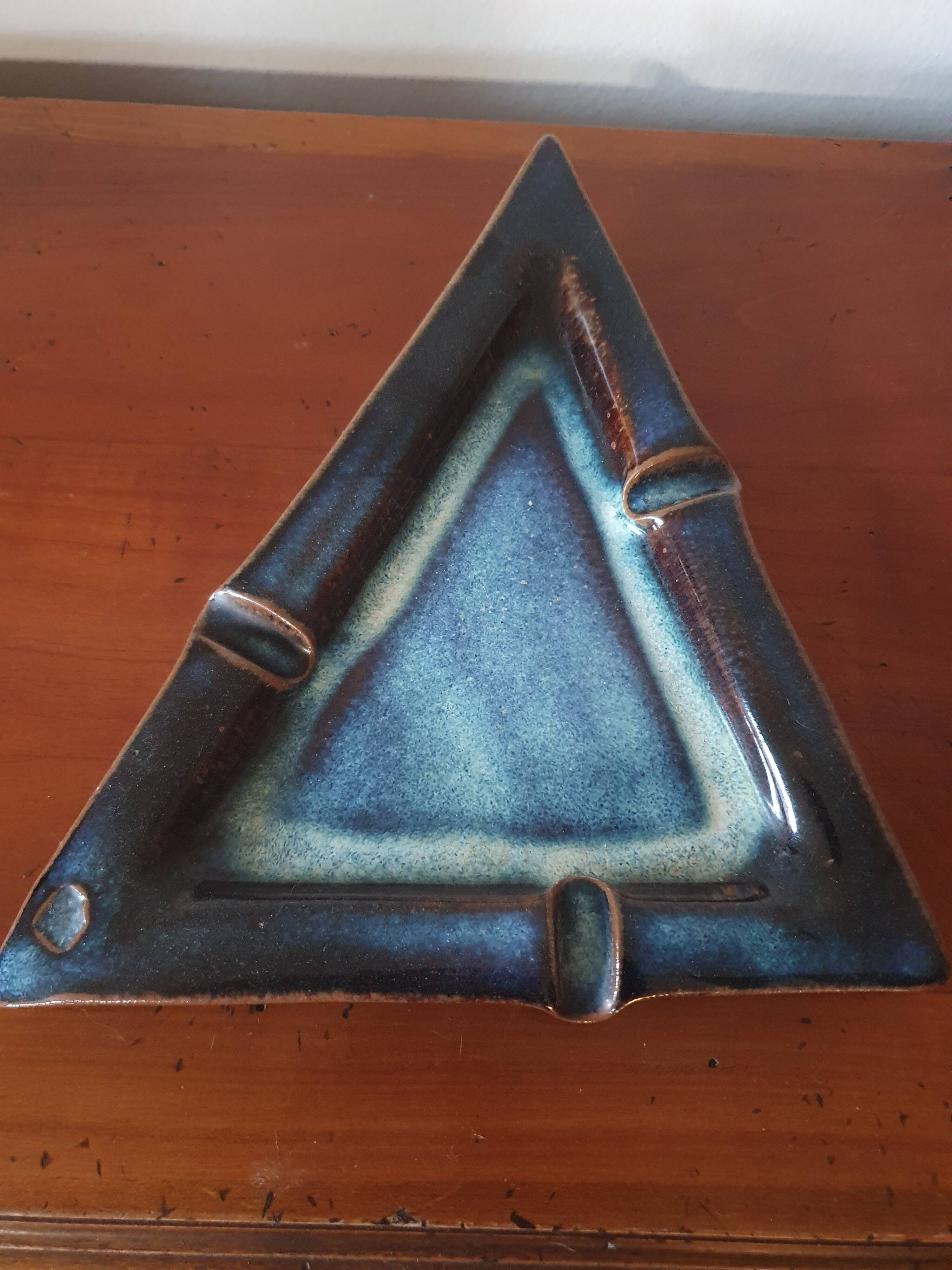 Vintage blue triangle ashtray in glazed stoneware