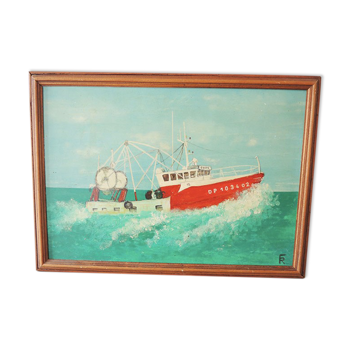 Old painting oil on wood signed: fishing boat "papy"