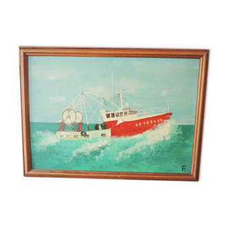 Ancien tableau huile sur bois signé : bateau de pêche “papy”