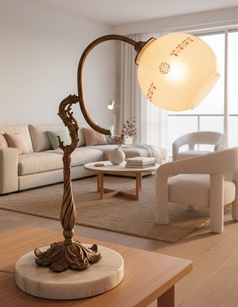 French Art Nouveau bronze and marble lamp