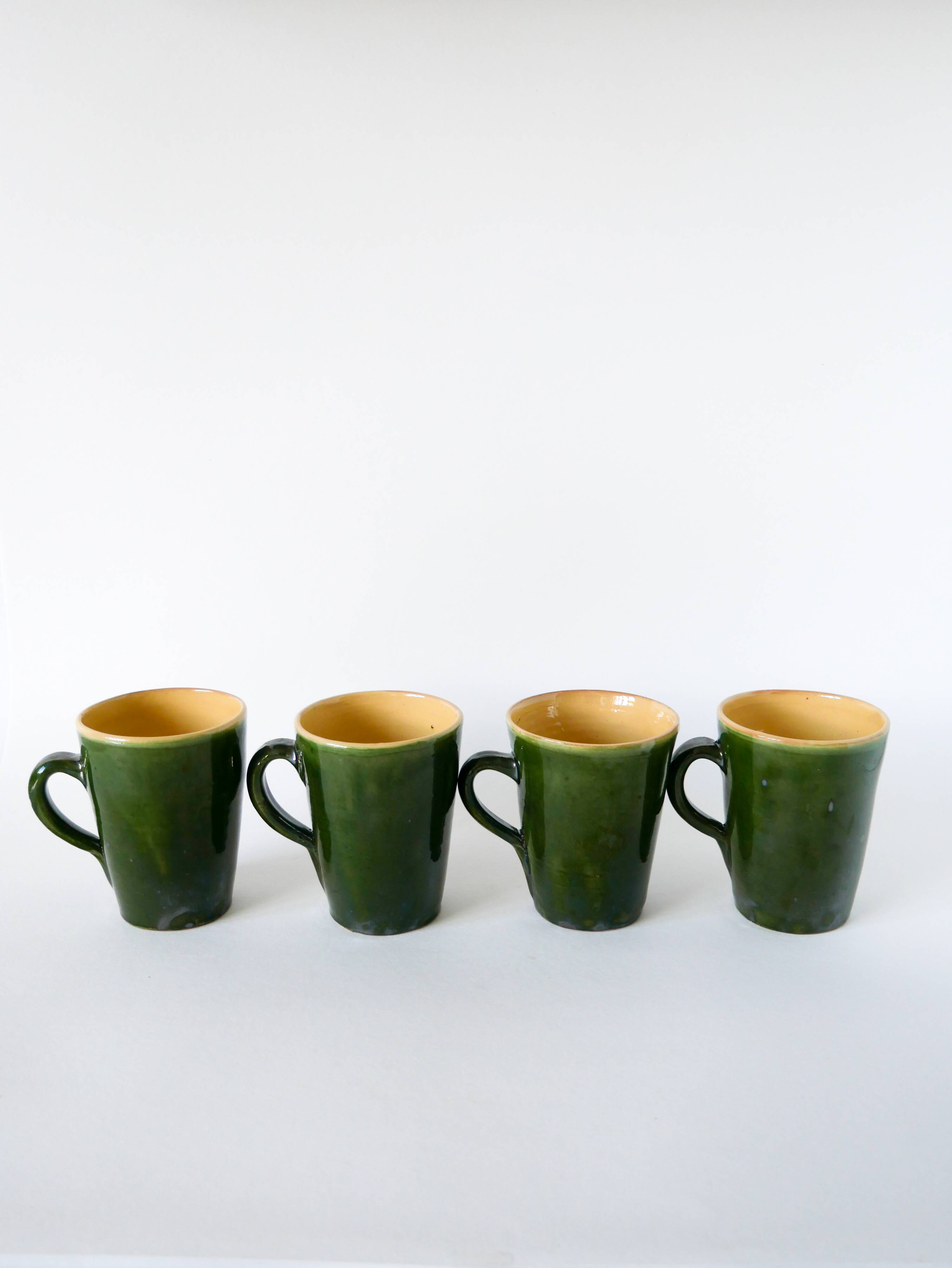 Set of 4 green mugs in glazed stoneware, ceramic, 1970