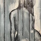 Tableau signé huile encre de chine sur toile portrait femme de dos