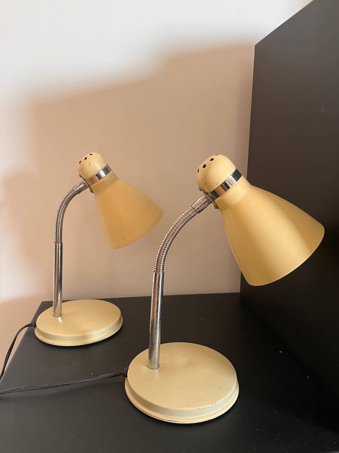 Pair of beige sheet metal lamps