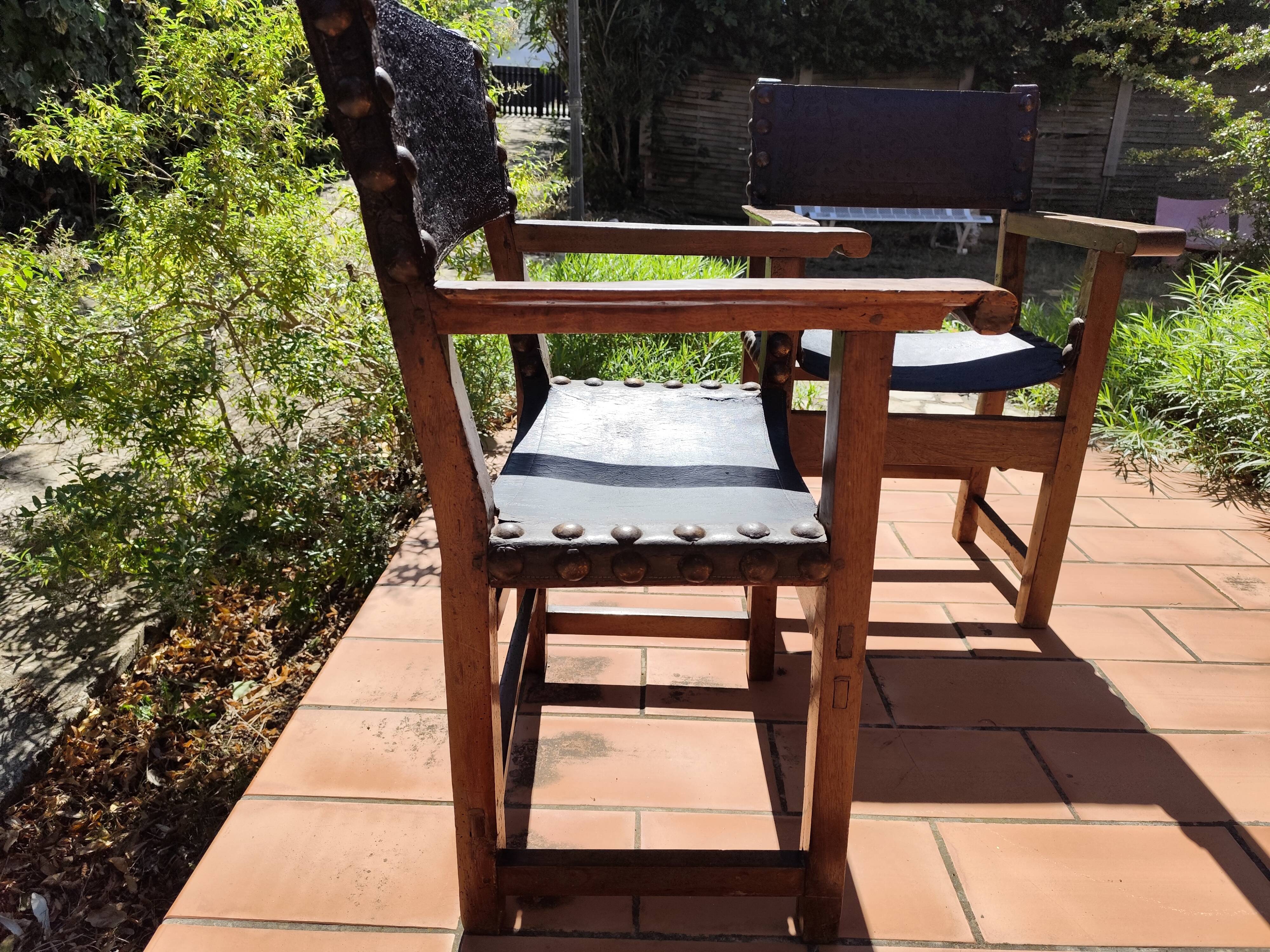 Pair of French Brutalist oak and leather armchairs 1920
