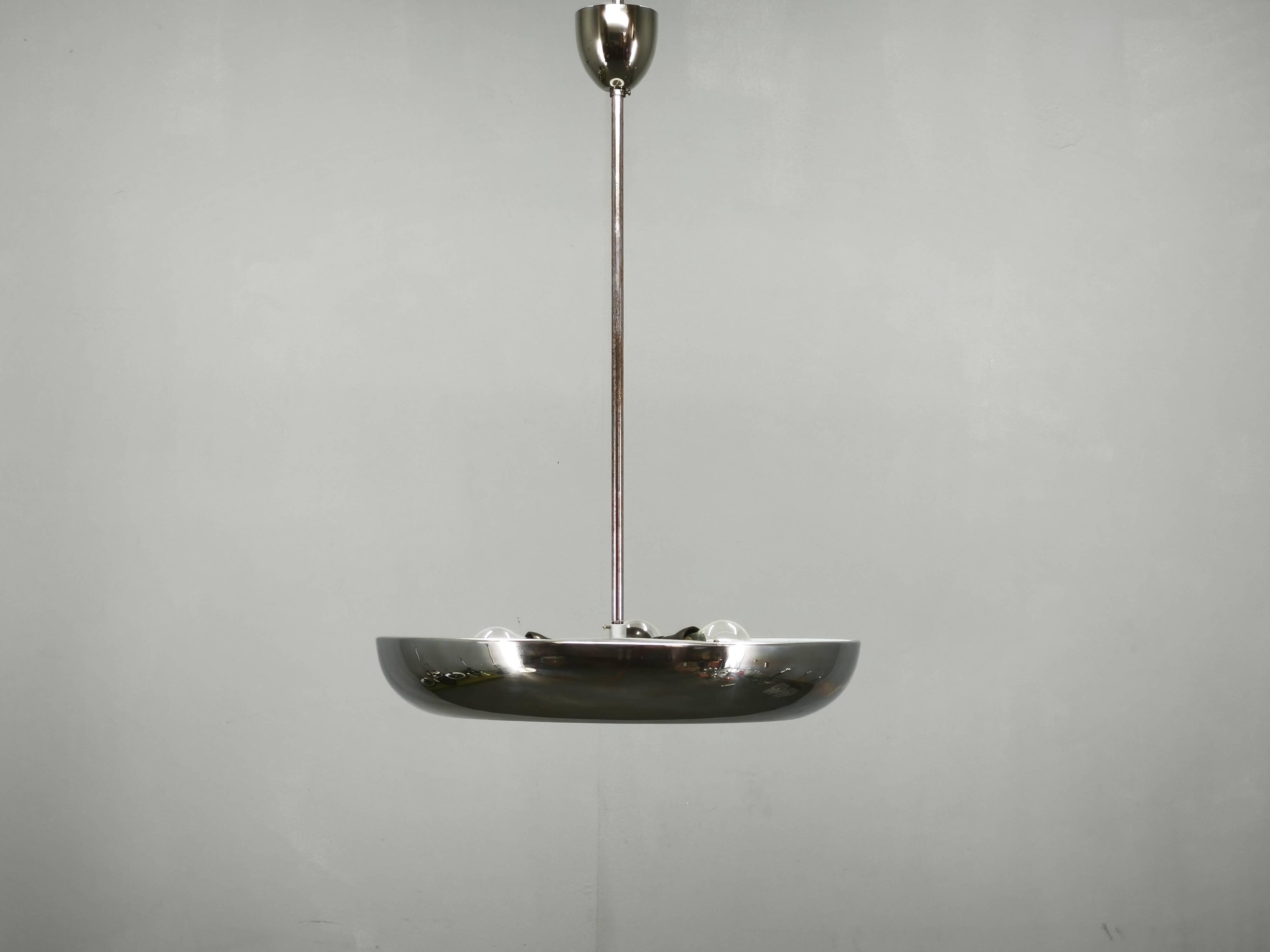 1930s Bauhaus UFO Chrome and Glass Pendant Light, Czechoslovakia