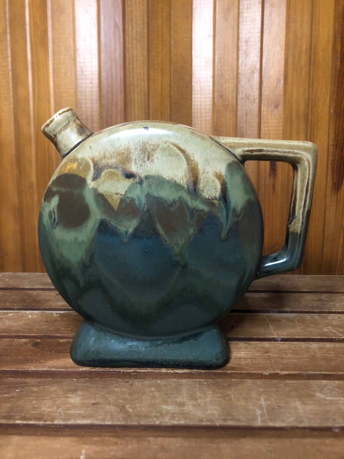Old beige & green ceramic bottle + vintage handle