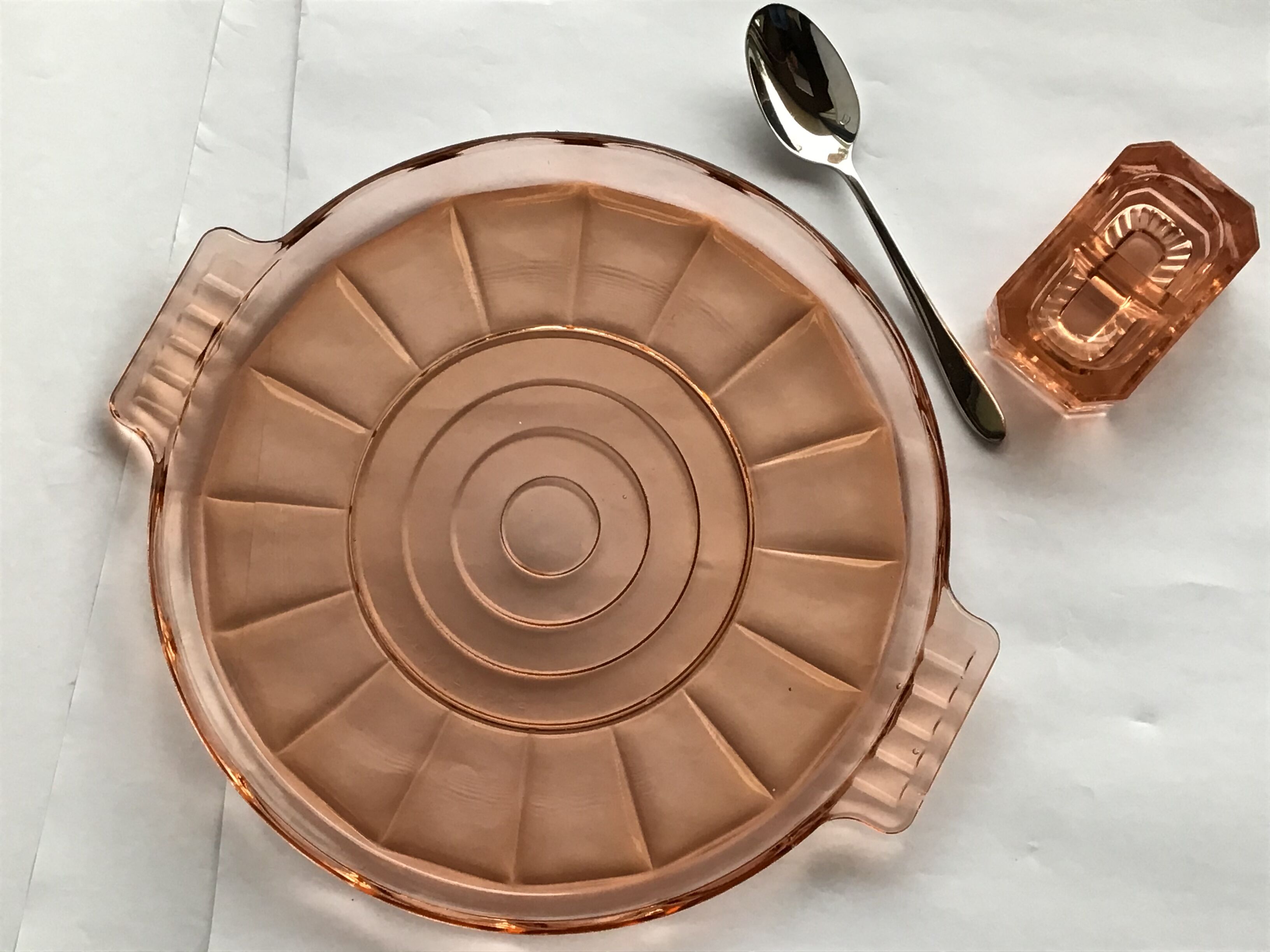 Pink glass salt shaker and cake dish