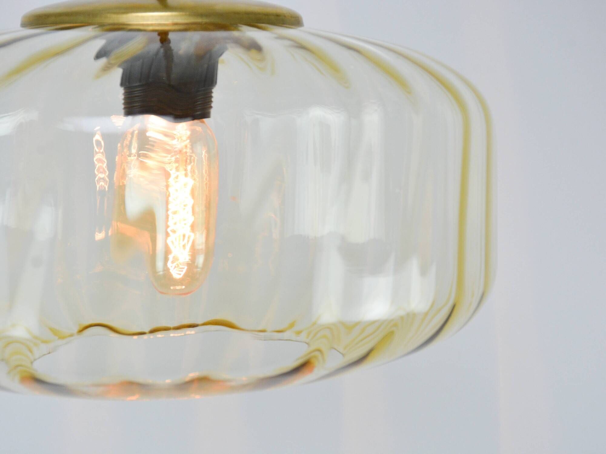 Vintage Light Beige Glass and Brass Pendant Lamp