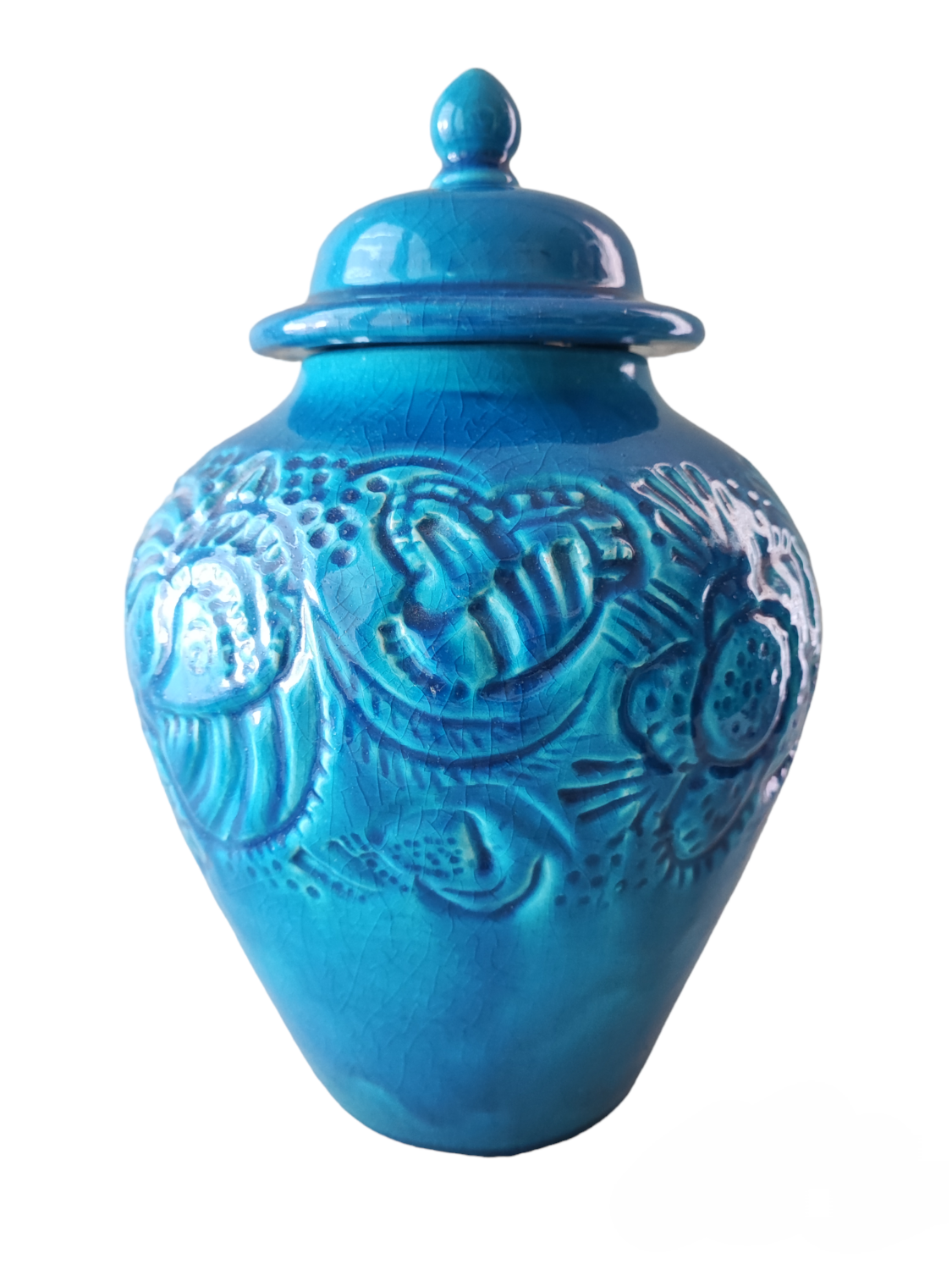 French art deco pottery turquoise vase and cover