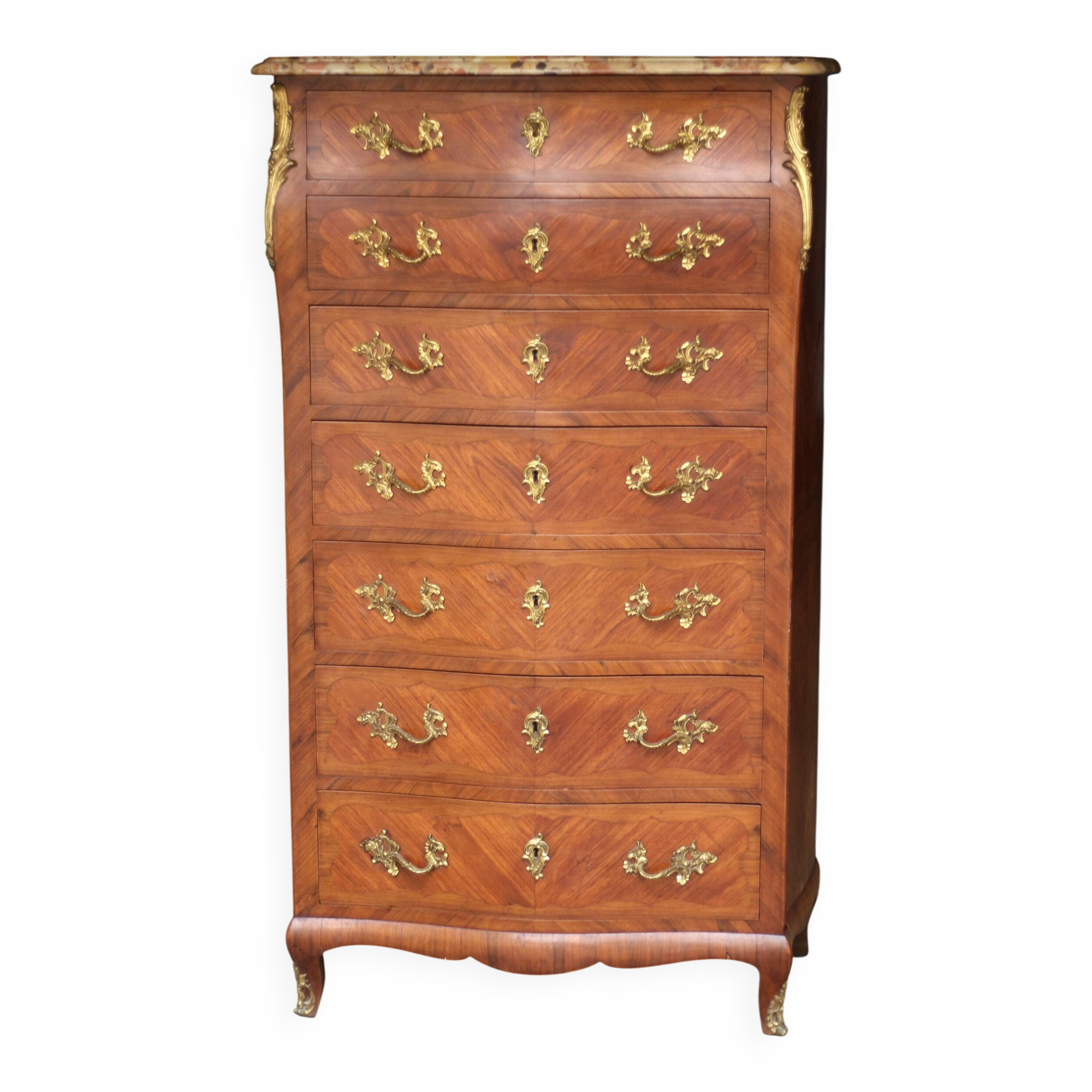 Sumptuous curved weekender in veneered wood in Louis XV style.