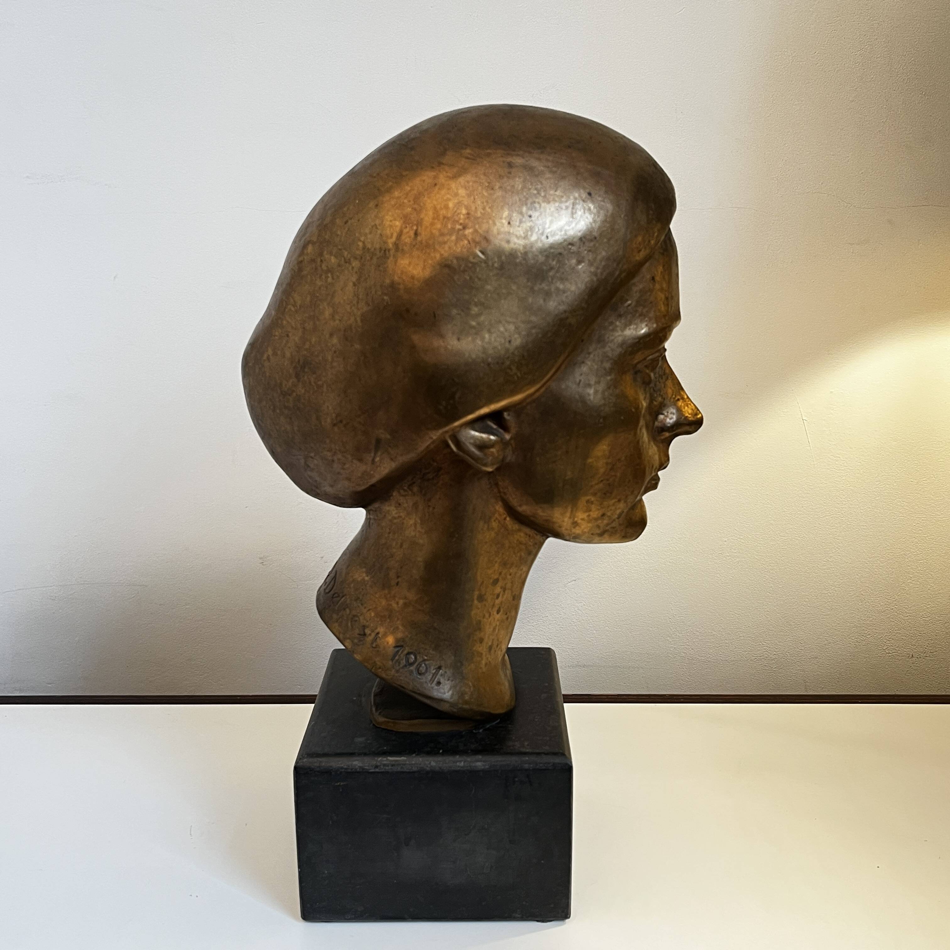 Sculpture portrait / bust, 'woman's face', robert delnest, bronze 1961