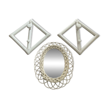 Ensemble d’entrée miroir en rotin et 2 porte manteaux