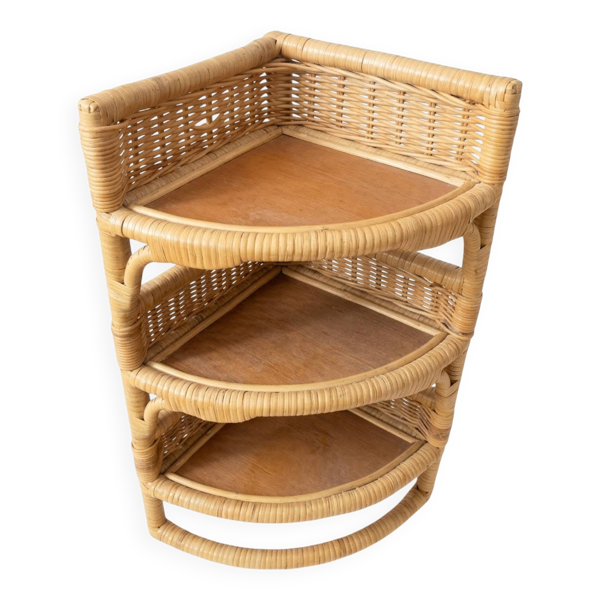 Étagère d'angle murale vintage en rotin, bambou et osier – 3 niveaux