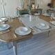 Flap table, pearl gray patinated base, medium oak waxed top.