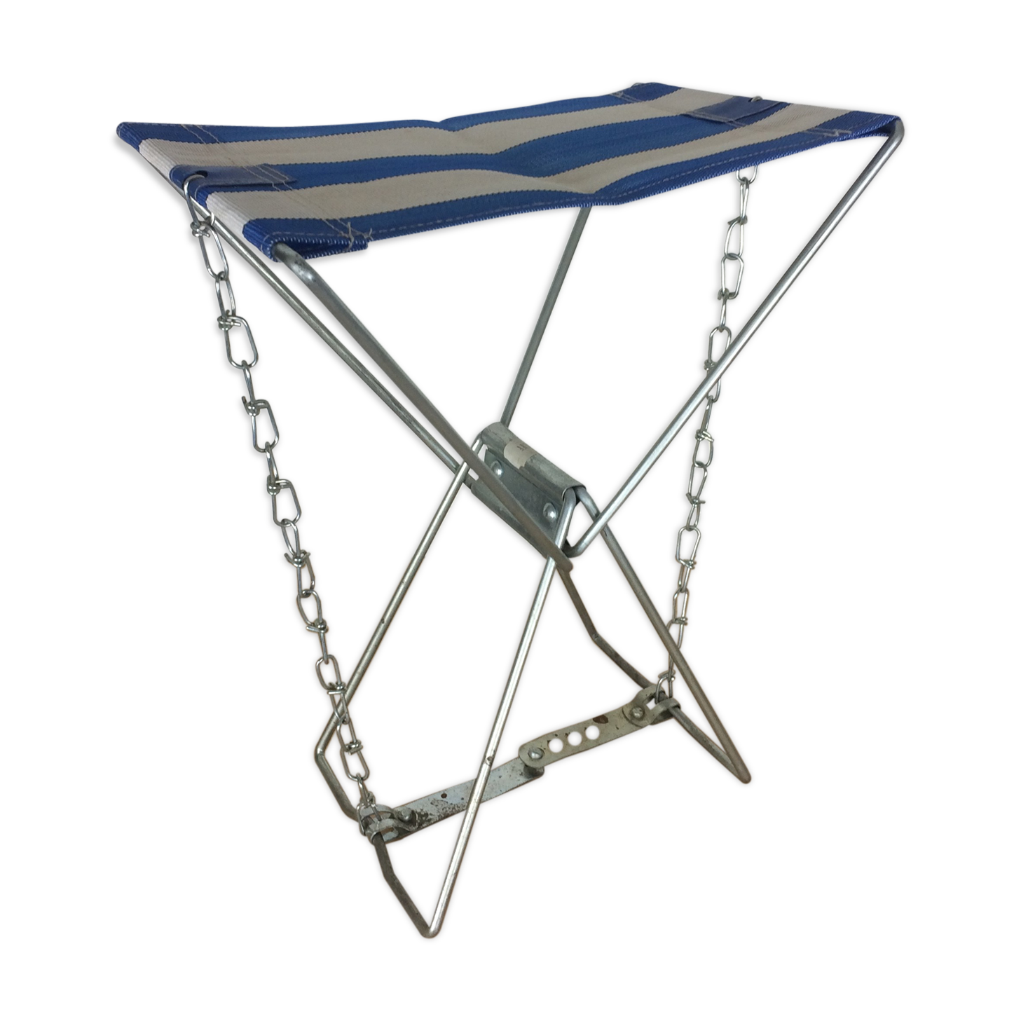 Blue and white folding camping stool, 50s
