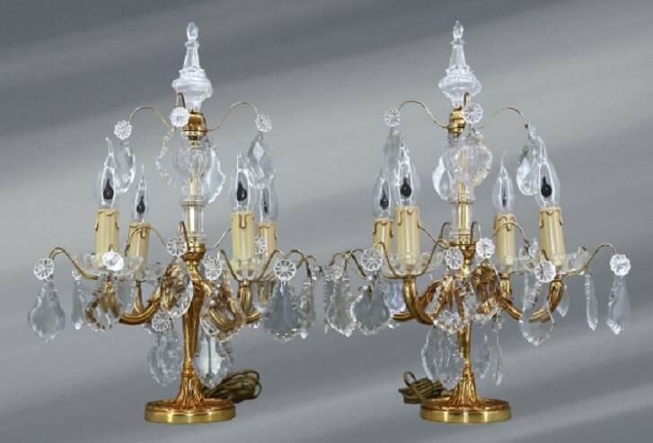 Pair of Louis XV Style Bronze & Crystal Chandeliers with 4 Lights