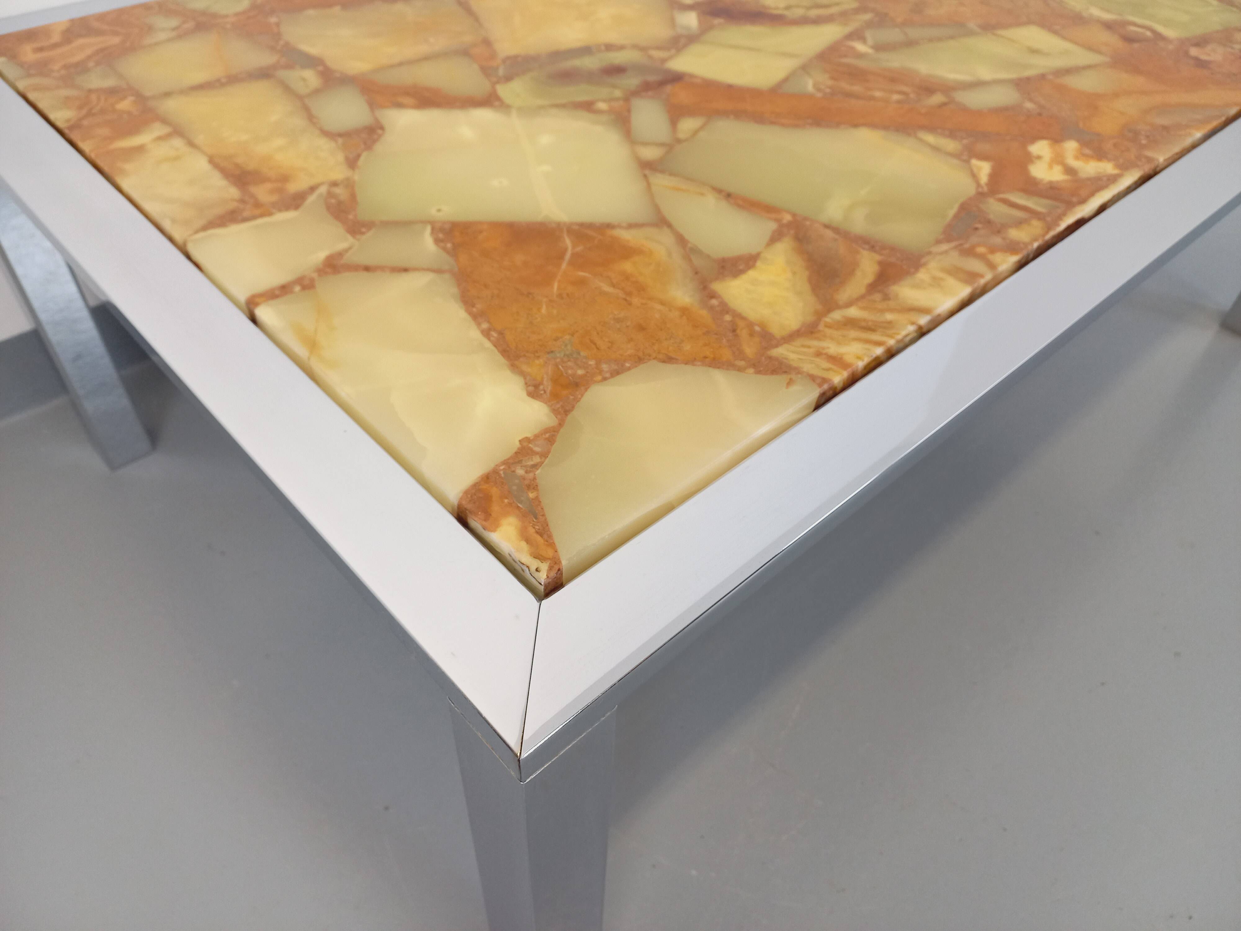 Large vintage coffee table in chrome metal, yellow onyx stone and resin from the 70s