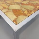 Large vintage coffee table in chrome metal, yellow onyx stone and resin from the 70s