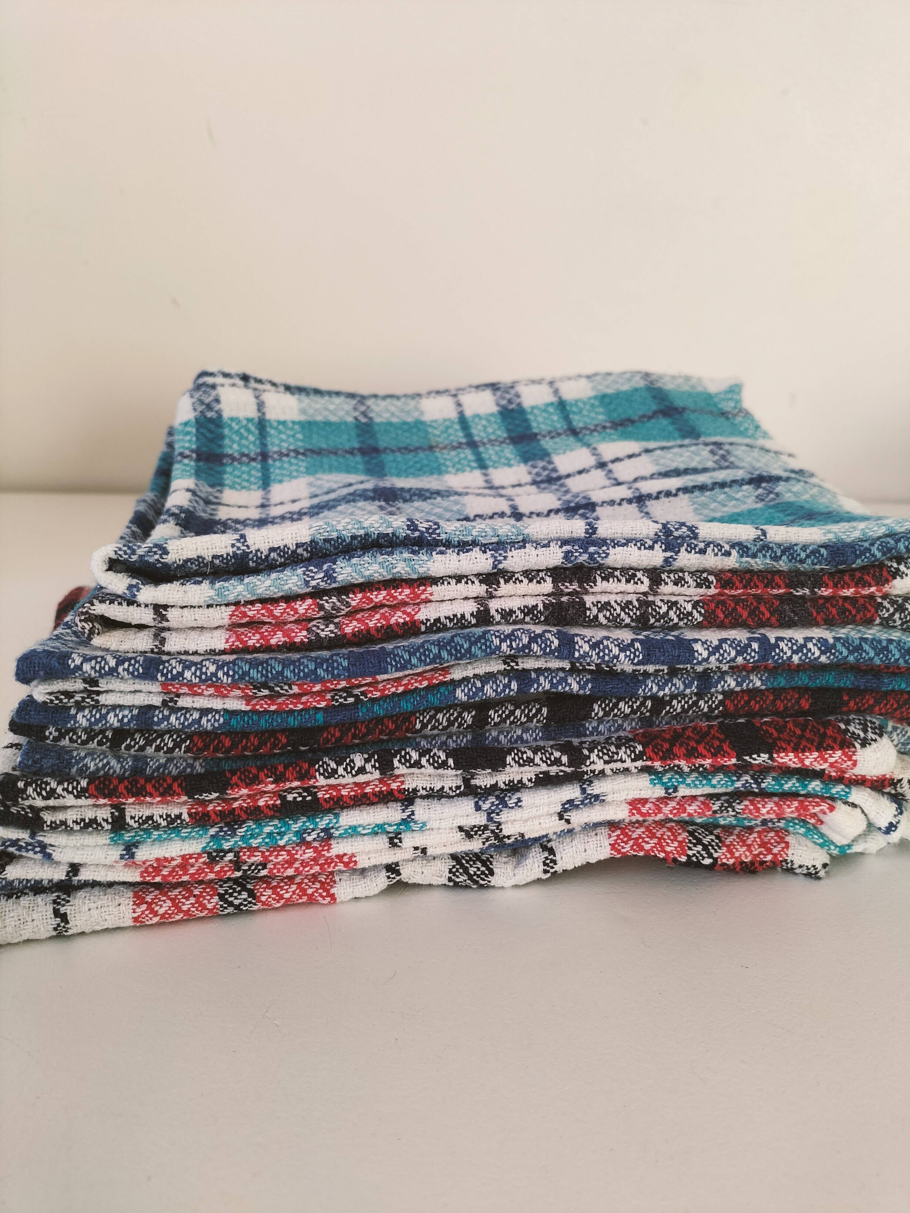 Ensemble de 12 serviettes vintage à carreaux – Rouge et turquoise