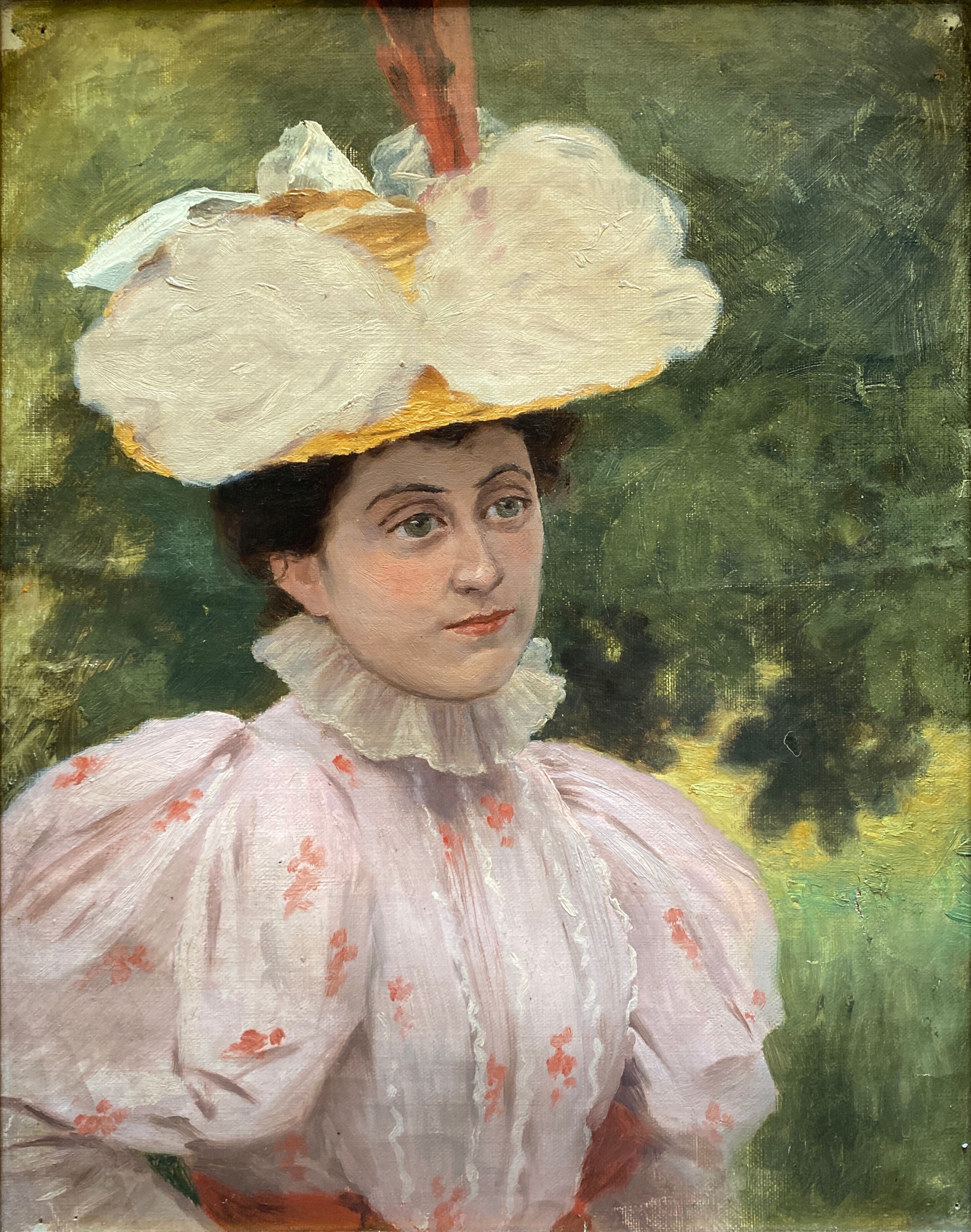 HST painting "Elegant hat surrounded by trees" XIX° century