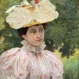 HST painting "Elegant hat surrounded by trees" XIX° century