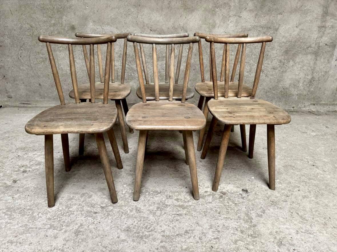 Series Set of 6 old rustic Western bistro chairs in original patina wood