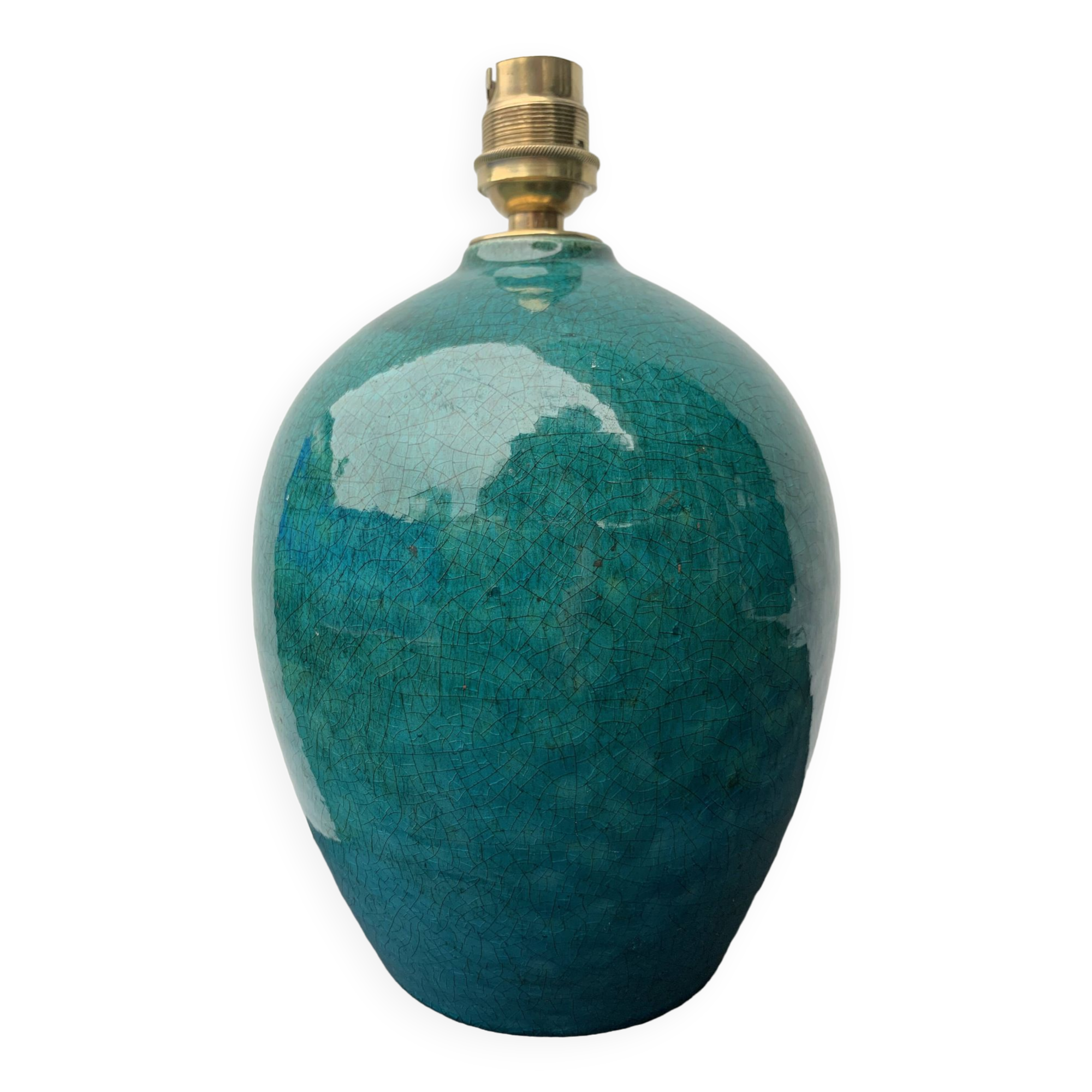 Ball lamp base in cracked ceramic and signed blue green
