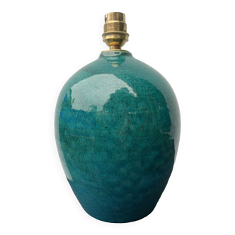 Pied de lampe boule en céramique craquelée et signée bleue verte