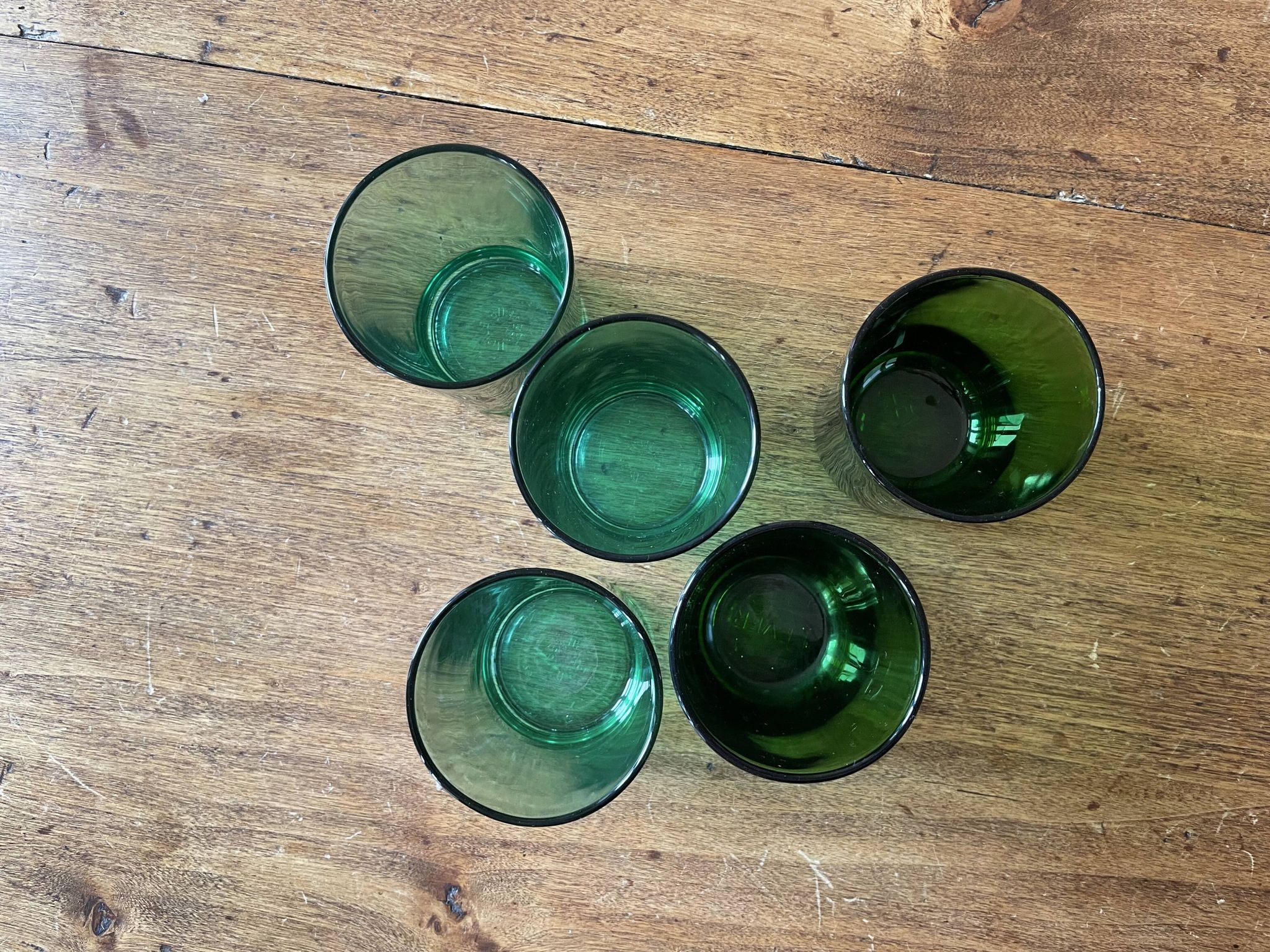 Lot of 5 vintage green glasses - Lesieur et Lever oil