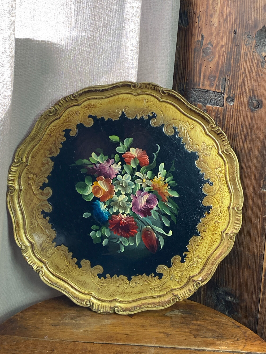 Round painted wooden platter