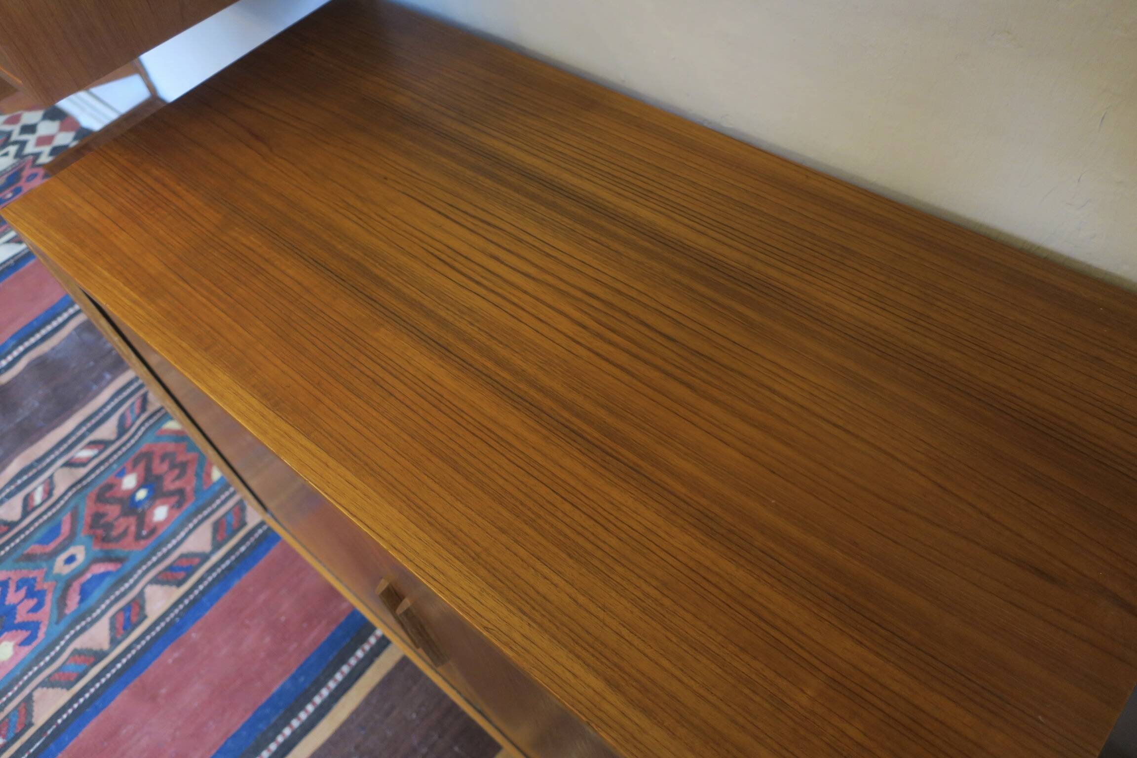 Modular 3-compartment teak wall shelving system with desk and lighting by Kai Kristiansen for FM, Denmark, 1960s