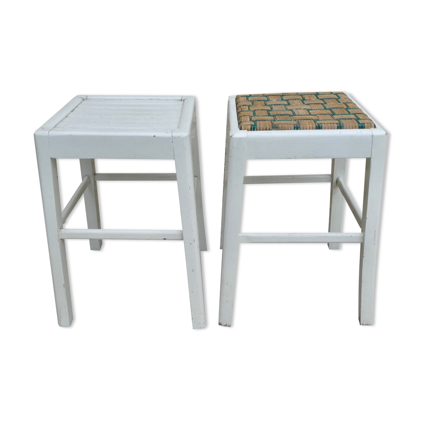 Pair of wooden stools, original white patina