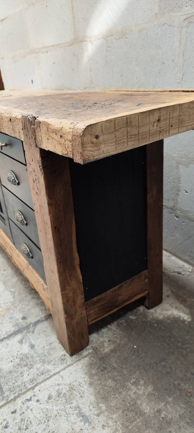 Old oak workbench cabinet with 1 door and 4 drawers